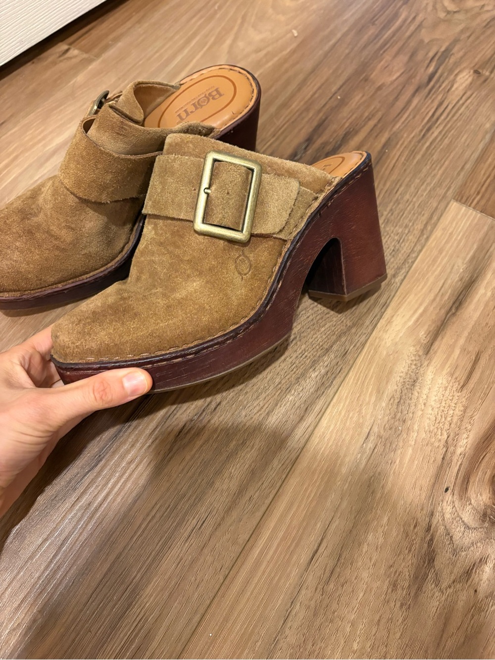 Born Tan Suede Buckle Platform Clogs